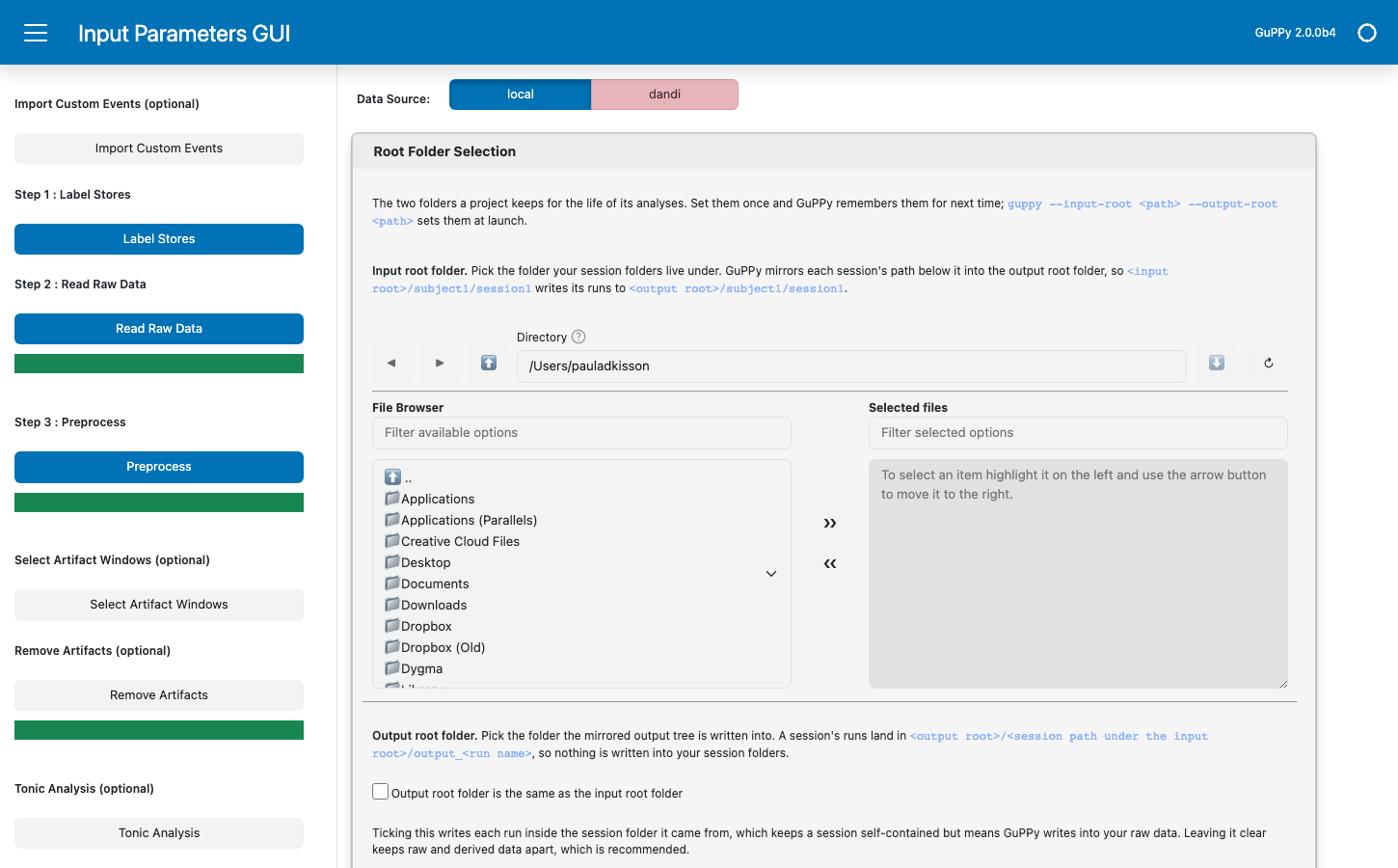 The GuPPy homepage on first launch: the sidebar of pipeline steps on the left, and on the right the Data Source toggle above an open Root Folder Selection card asking for the input and output root folders