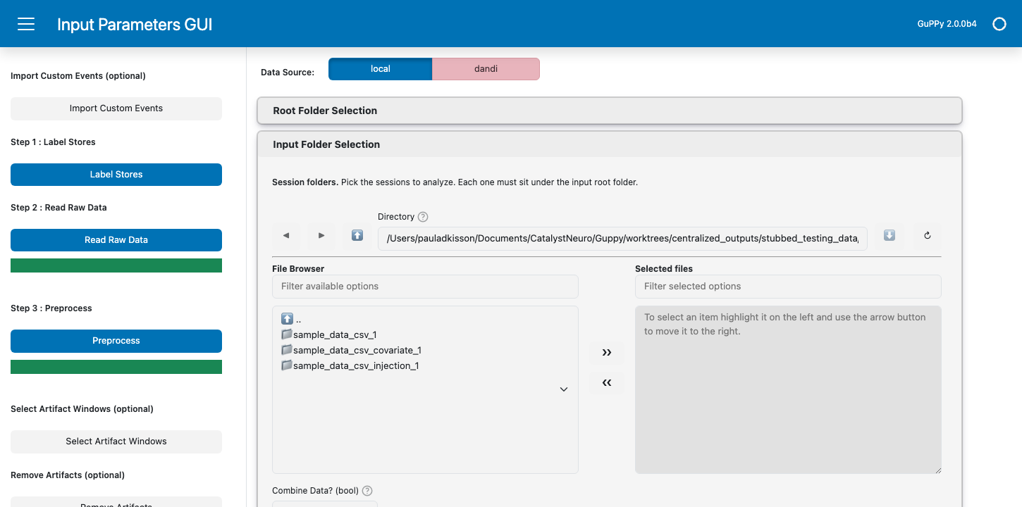The GuPPy homepage with Root Folder Selection folded away and the Input Folder Selection card open below it, its Session folders browser listing sample_data_csv_1 among the sample sessions