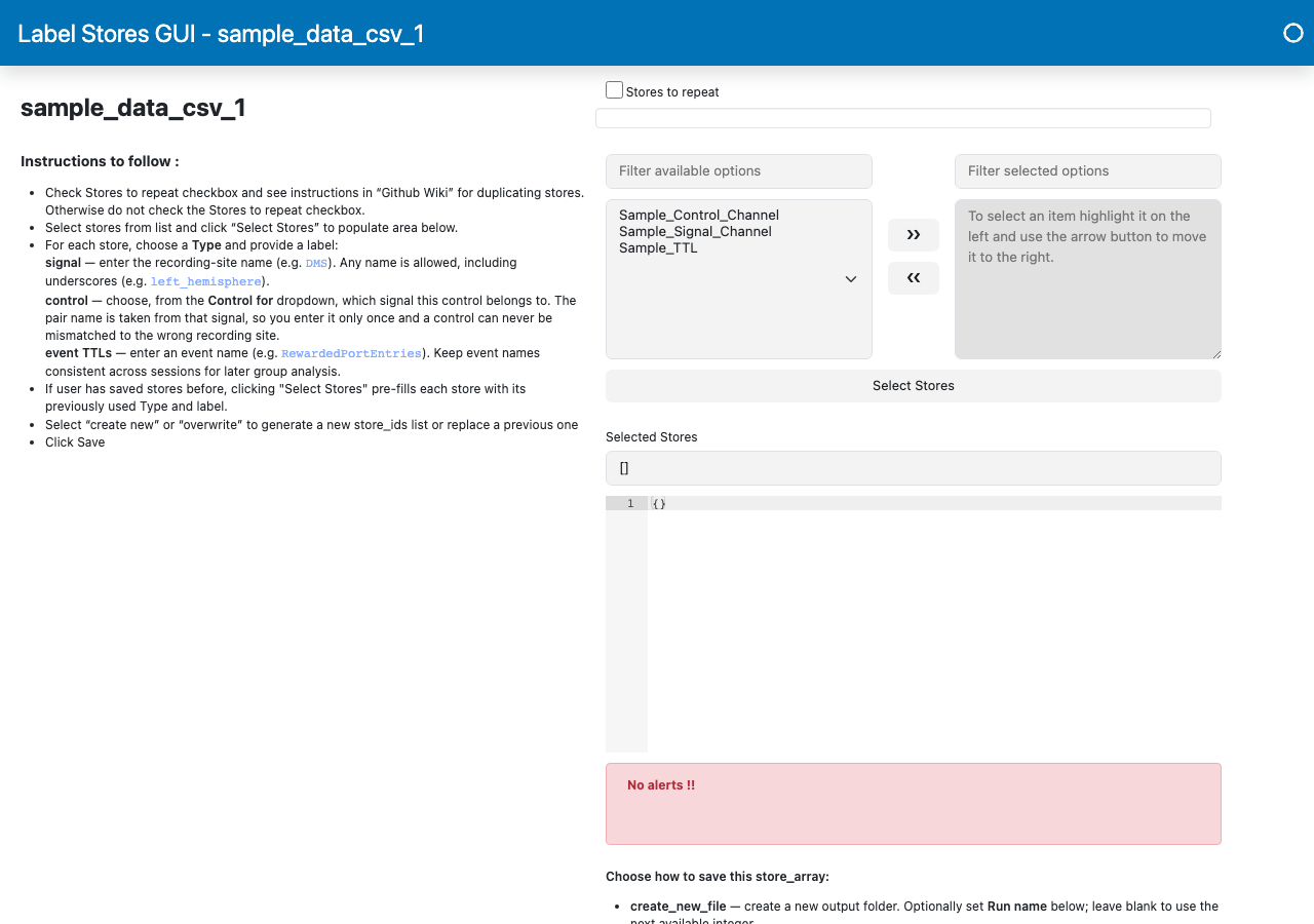 Label Stores GUI with the three sample CSV channels listed as available options