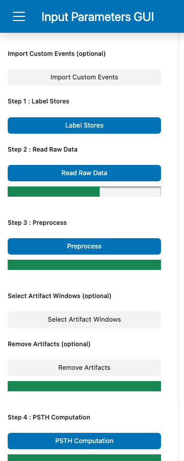 GuPPy homepage sidebar with the Read Raw Data progress bar partially filled