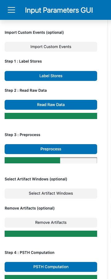 GuPPy homepage sidebar with the Preprocess progress bar partially filled